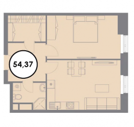 Однокомнатная квартира 54.4 м²