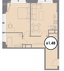 Однокомнатная квартира 61.5 м²
