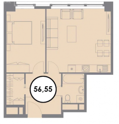 Однокомнатная квартира 56.6 м²