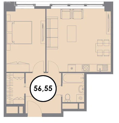 Однокомнатная квартира 56.6 м²